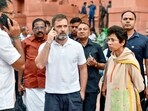 Leader of Opposition in Lok Sabha Rahul Gandhi and Congress MP Kumari Selja seen outside Parliament House.