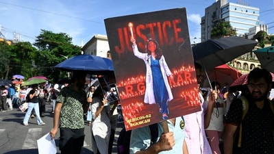 Junior doctors take part in a protest rally over the rape and murder of a trainee doctor of RG Kar Medical College & Hospital in Kolkata. (Photo by Samir Jana/ Hindustan Times) Junior doctors take part in a protest rally over the rape and murder of a trainee doctor of RG Kar Medical College & Hospital in Kolkata. (Photo by Samir Jana/ Hindustan Times)