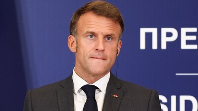 French President Emmanuel Macron looks on during a joint press conference with Serbian President Aleksandar Vucic (not pictured), at the Palace of Serbia building in Belgrade, Serbia, August 29, 2024. (Reuters)