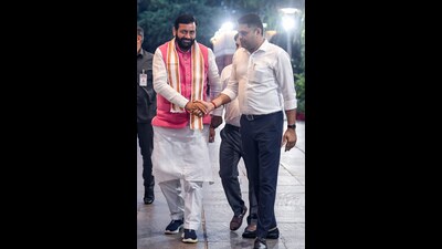 Haryana chief minister Nayab Singh Saini arrives to attend the Bharatiya Janata Party Central Election Committee (CEC) meeting for the Haryana Assembly elections, at the party headquarters in New Delhi on Thursday. (ANI)