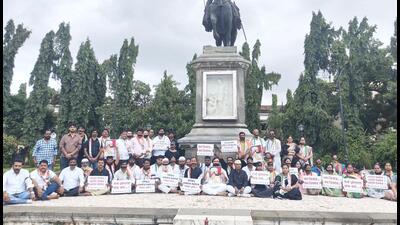 In Pune, the NCP city unit staged a protest near the statue of Chhatrapati Shivaji Maharaj at Shivajinagar area. (HT PHOTO)