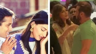 Salman Khan and Sonali Bendre in Hum Saath - Saath Hain (L) and reuniting at an event in Mumbai (R)