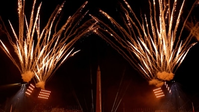 General view of the torch relay performance as the Obelisk of Luxor on the Place de la Concorde is seen during the opening ceremony (REUTERS)