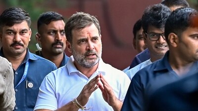 New Delhi, India - Aug. 23, 2024: Congress Leader of Opposition in Lok Sabha Rahul Gandhi arrives at the party office for a meeting regarding the upcoming Jammu and Kashmir Assembly elections Meeting at AICC Headquarter in New Delhi, India, on Friday, August 23, 2024. (Photo by RAJ K RAJ / Hindustan Times) (RAJ K RAJ /HT PHOTO) New Delhi, India - Aug. 23, 2024: Congress Leader of Opposition in Lok Sabha Rahul Gandhi arrives at the party office for a meeting regarding the upcoming Jammu and Kashmir Assembly elections Meeting at AICC Headquarter in New Delhi, India, on Friday, August 23, 2024. (Photo by RAJ K RAJ / Hindustan Times) (RAJ K RAJ /HT PHOTO)