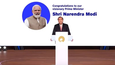Mukesh Ambani congratulates PM Modi for third term. (Reliance) Mukesh Ambani congratulates PM Modi for third term. (Reliance)