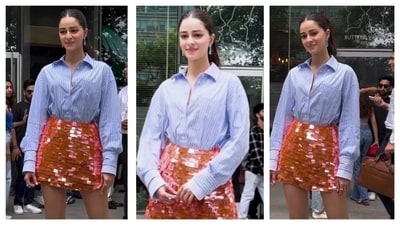 Stunning in an unconventional pairing of a formal shirt and a casual party skirt, Ananya Panday fused two completely different aesthetics and exuded a chic cohesive vibe. She wore a long-sleeved, buttoned-up light blue striped shirt with a shiny, sequin pink mini skirt. Finishing her outfit with dangling earrings and her hair styled in a neat ponytail, Ananya Panday's bold experimentation with contrast created a chic, glamorous look. (Instagram/@voompla) Stunning in an unconventional pairing of a formal shirt and a casual party skirt, Ananya Panday fused two completely different aesthetics and exuded a chic cohesive vibe. She wore a long-sleeved, buttoned-up light blue striped shirt with a shiny, sequin pink mini skirt. Finishing her outfit with dangling earrings and her hair styled in a neat ponytail, Ananya Panday's bold experimentation with contrast created a chic, glamorous look. (Instagram/@voompla)