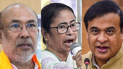 From left: Manipur chief minister N Biren Singh, West Bengal CM Mamata Banerjee and her Assam counterpart Himanta Biswa Sarma. From left: Manipur chief minister N Biren Singh, West Bengal CM Mamata Banerjee and her Assam counterpart Himanta Biswa Sarma.