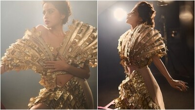 Apart from these two looks, Uorfi wore three other equally spectacular ensembles designed by Abu Jani Sandeep Khosla while shooting Follow Kar Lo Yaar. Here, she wears a see-through gotta patti embroidered outfit featuring a plunging neckline, drop-shoulder detail, and a figure-hugging silhouette.&nbsp; (Instagram)