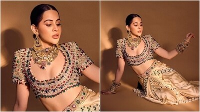 Uorfi styled the ensemble with statement jewellery pieces, including jhumkis, a choker necklace, and stacked kadhas. Lastly, a centre-parted braided hairdo, winged eyeliner, peach-hued lip shade, rouge-tinted cheeks, and beaming highlighter rounded off the glam.&nbsp; (Instagram)