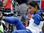 Archer Sheetal Devi from India prepares to fire during the Paralympic Games in Paris.