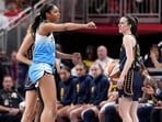 INDIANAPOLIS, INDIANA - JUNE 16: Angel Reese #5 of the Chicago Sky reacts after fouling Caitlin Clark #22 of the Indiana Fever during the second half at Gainbridge Fieldhouse on June 16, 2024 in Indianapolis, Indiana. INDIANAPOLIS, INDIANA - JUNE 16: Angel Reese #5 of the Chicago Sky reacts after fouling Caitlin Clark #22 of the Indiana Fever during the second half at Gainbridge Fieldhouse on June 16, 2024 in Indianapolis, Indiana.