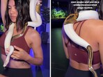 The image shows a woman performing snake yoga with a snake wrapped around her body. The image shows a woman performing snake yoga with a snake wrapped around her body.