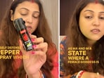 The image shows an influencer who shared about purchasing pepper spray and an alarm keychain for Durga Puja. 