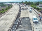 Mumbai, India. June 11, 2024: National Highways Authority repaired the recently constructed RCC road at Vashi Naka in Raigad district. The Mumbai-Goa Highway, known as MH66, is in poor condition. Potholes on newly (RCC) construction and old road 84 Km stretch between Panvel to Indapur. (Photo by Raju Shinde/HT Photo)