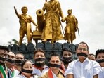 Party workers of Ajit Pawar’s NCP organized a ‘silent protest’ near the statue of Chhatrapati Shivaji at Juhu beach on Thursday. (Satish Bate/ Hindustan Times)