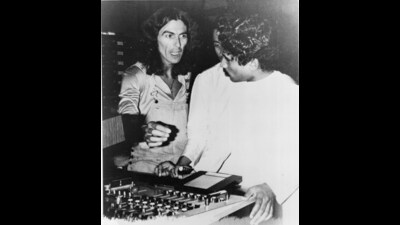 At a recording studio in Los Angeles with George Harrison, in 1974. At a recording studio in Los Angeles with George Harrison, in 1974.