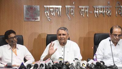 Bihar’s water resources minister Vijay Choudhary addresses a press conference in Patna on Friday. (HT photo) Bihar’s water resources minister Vijay Choudhary addresses a press conference in Patna on Friday. (HT photo)