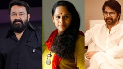 Mohanlal (L), Sajitha Madathil (Centre), Mammootty (R) Mohanlal (L), Sajitha Madathil (Centre), Mammootty (R)