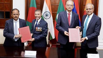 NSA Ajit Doval (left) joined reps from Maldives, Mauritius & Sri Lanka in signing the Charter & MoU for establishment of Colombo Security Conclave Secretariat on Friday (X/@IndiainSL)