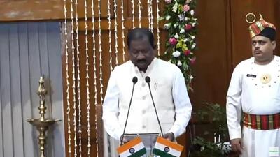 Ramdas Soren taking oath in Ranchi on Friday. (ANI) Ramdas Soren taking oath in Ranchi on Friday. (ANI)