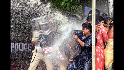 Thiruvananthapuram: Water cannon being used by the police to disperse Mahila Congress workers protesting against actors Mukesh and Siddique, accused of sexual assault, in Thiruvananthapuram, Friday, Aug. 30, 2024. (PTI Photo) (PTI) Thiruvananthapuram: Water cannon being used by the police to disperse Mahila Congress workers protesting against actors Mukesh and Siddique, accused of sexual assault, in Thiruvananthapuram, Friday, Aug. 30, 2024. (PTI Photo) (PTI)