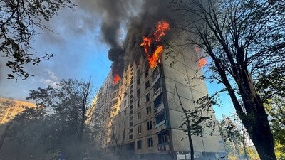 A view shows a burning apartment building hit by a Russian air strike, amid Russia's attack on Ukraine, in Kharkiv on August 30, 2024. (REUTERS)