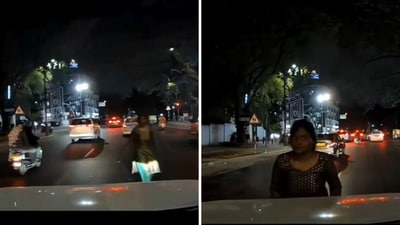 The image shows a woman jumping in front of a car, faking an accident. (X/@ShoneeKapoor) The image shows a woman jumping in front of a car, faking an accident. (X/@ShoneeKapoor)