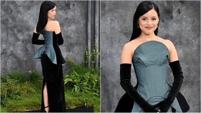 Jenna Ortega channels Beetlejuice vibes once more at the London premiere, rocking a custom teal-and-black Harris Reed dress. With sleek, side-parted hair, high gloves and chic makeup, she exudes gothic glamour. (Instagram) Jenna Ortega channels Beetlejuice vibes once more at the London premiere, rocking a custom teal-and-black Harris Reed dress. With sleek, side-parted hair, high gloves and chic makeup, she exudes gothic glamour. (Instagram)
