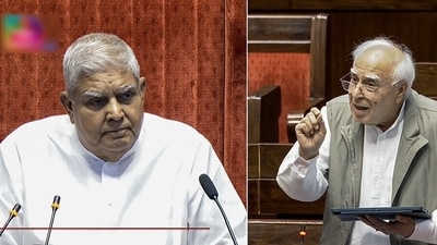 Rajya Sabha Chairman Jagdeep Dhankhar listens to Rajya Sabha MP Kapil Sibal in the House during the Monsoon Session of Parliament, in New Delhi on Thursday. (SansadTV)