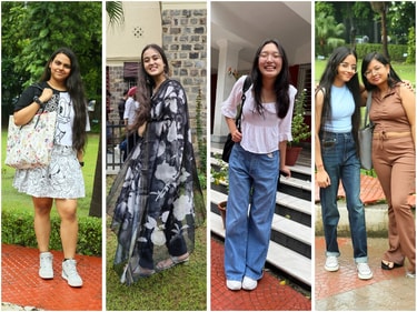 Determined not to let fashion take a back seat, many freshers brought out their A game and showed up in style on their first day of college, braving the nerves and heavy rain.
(L-R) Trishita Ranjan at Daulat Ram College; Sakalpreet Kaur at Hindu College; Dorjee Pema, Ananya Srivastava and Vandana Singh at Daulat Ram College (Photos: Alina Azfar & Manoj Verma/HT) Determined not to let fashion take a back seat, many freshers brought out their A game and showed up in style on their first day of college, braving the nerves and heavy rain.
(L-R) Trishita Ranjan at Daulat Ram College; Sakalpreet Kaur at Hindu College; Dorjee Pema, Ananya Srivastava and Vandana Singh at Daulat Ram College (Photos: Alina Azfar & Manoj Verma/HT)