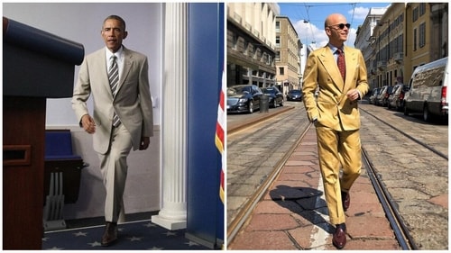 When shopping for casual suits, consider temperature—Obama's cooler tan suit pairs effortlessly with most grey trousers. (X/@dieworkwear)