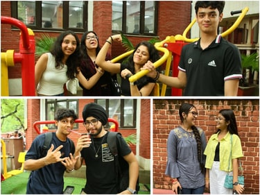 Quickly forming bonds on day one, many freshers were spotted mingling in groups, getting to know each other better. Clockwise: Kashika Sethi, Paridhi Gupta, Aparna Kanodia and Arhaan Ashraf at Hansraj College; Khushbu and Shivi Pandit at Hindu College; Swardeep Kataria and Vedaant Bali at Hansraj College (Photos: Manoj Verma & Alina Azfar/HT) Quickly forming bonds on day one, many freshers were spotted mingling in groups, getting to know each other better. Clockwise: Kashika Sethi, Paridhi Gupta, Aparna Kanodia and Arhaan Ashraf at Hansraj College; Khushbu and Shivi Pandit at Hindu College; Swardeep Kataria and Vedaant Bali at Hansraj College (Photos: Manoj Verma & Alina Azfar/HT)