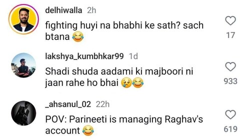 Comments on Raghav's post for Parineeti Comments on Raghav's post for Parineeti