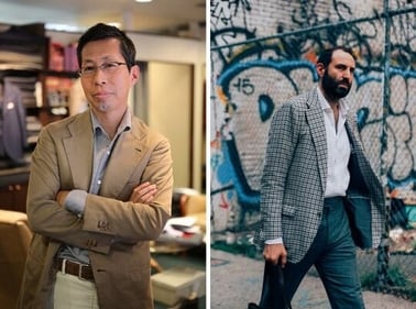 The right outfit is more cohesive, blending the jacket’s yellow undertone with white trousers, unlike the disjointed left outfit. (X/@dieworkwear)