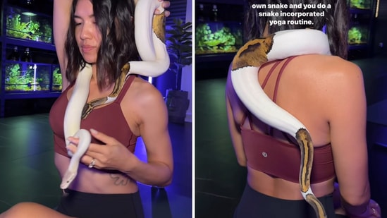 The image shows a woman performing snake yoga with a snake wrapped around her body. (Instagram/@jenz_losangeles)