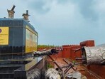 A statue of Chhatrapati Shivaji Maharaj, erected by the Navy and inaugurated by Prime Minister Narendra Modi last year, collapses at Rajkot Fort, in Malvan, Monday. A statue of Chhatrapati Shivaji Maharaj, erected by the Navy and inaugurated by Prime Minister Narendra Modi last year, collapses at Rajkot Fort, in Malvan, Monday.