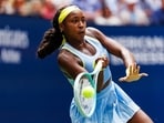 Coco Gauff of the United States in action against Elina Svitolina of Ukraine on day five of the 2024 U.S. Open tennis tournament