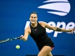 Belarus's Aryna Sabalenka plays a forehand return against Russia's Ekaterina Alexandrova