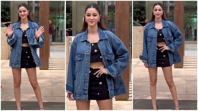 Bae is back with another glam look! This time, Ananya Panday stuns in a black co-ord set featuring a bralette top and mini skirt adorned with silver quirky embellishments. Paired with an oversized denim jacket and silver hoop earrings, she effortlessly radiates glamour. (HT photo/VarinderChawla) Bae is back with another glam look! This time, Ananya Panday stuns in a black co-ord set featuring a bralette top and mini skirt adorned with silver quirky embellishments. Paired with an oversized denim jacket and silver hoop earrings, she effortlessly radiates glamour. (HT photo/VarinderChawla)