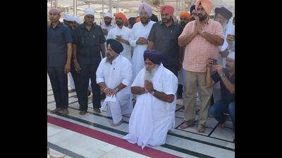 A day being declared Tankhaiya, Shiromani Akali Dal (SAD) president Sukhbir Singh Badal with party leaders paying obeisance at Golden Temple. Amritsar, India, on Saturday, August 31, 2024. (Photo by ) (Sameer Sehgal/Hindustan Times) A day being declared Tankhaiya, Shiromani Akali Dal (SAD) president Sukhbir Singh Badal with party leaders paying obeisance at Golden Temple. Amritsar, India, on Saturday, August 31, 2024. (Photo by ) (Sameer Sehgal/Hindustan Times)