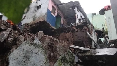 Due to the landslide in Vijayawada, heavy stones from the hillock crashed on the houses on Saturday. (HT Photo) Due to the landslide in Vijayawada, heavy stones from the hillock crashed on the houses on Saturday. (HT Photo)