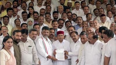Karnataka Congress leaders, led by state party chief and Deputy CM DK Shivakumar submit an appeal to governor Thawar Chand Gehlot over his decision on MUDA case, in Bengaluru on Saturday. (ANI) Karnataka Congress leaders, led by state party chief and Deputy CM DK Shivakumar submit an appeal to governor Thawar Chand Gehlot over his decision on MUDA case, in Bengaluru on Saturday. (ANI)
