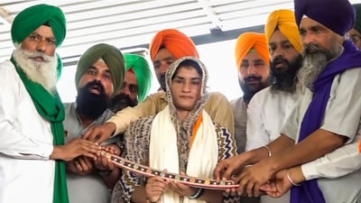 Olympian Vinesh Phogat being felicitated at a farmers' rally on the 200th day of their ongoing protest at Shambhu border. (PTI) Olympian Vinesh Phogat being felicitated at a farmers' rally on the 200th day of their ongoing protest at Shambhu border. (PTI)