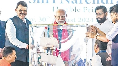 Palghar, Aug 30 (ANI): Prime Minister Narendra Modi with Maharashtra Chief Minister Eknath Shinde and State Deputy CM Devendra Fadnavis at the foundation stone laying of Vadhvan Port, in Palghar on Friday. (ANI Photo) (Devendra Fadnavis - X) Palghar, Aug 30 (ANI): Prime Minister Narendra Modi with Maharashtra Chief Minister Eknath Shinde and State Deputy CM Devendra Fadnavis at the foundation stone laying of Vadhvan Port, in Palghar on Friday. (ANI Photo) (Devendra Fadnavis - X)