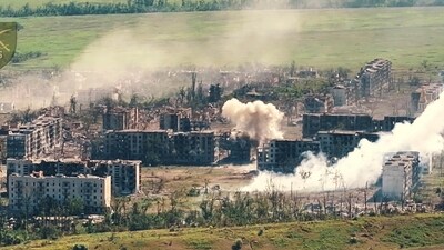 This image provided by Ukrainian army strike group "Black Swan" of the 225th Brigade, shows an aerial view of ruined Chasiv Yar, the site of heavy battles with the Russian troops in the Donetsk region, Ukraine, late July 2024. (Strike group "Black Swan" 225th Brigade via AP) (AP)