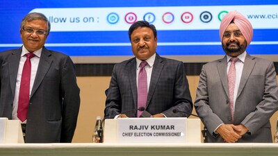 New Delhi: Chief Election Commissioner Rajiv Kumar with Election Commissioners Gyanesh Kumar and Sukhbir Singh Sandhu during a press conference to announce the schedule for Assembly elections in Jammu and Kashmir and Haryana, in New Delhi, Friday, Aug. 16, 2024. (PTI) New Delhi: Chief Election Commissioner Rajiv Kumar with Election Commissioners Gyanesh Kumar and Sukhbir Singh Sandhu during a press conference to announce the schedule for Assembly elections in Jammu and Kashmir and Haryana, in New Delhi, Friday, Aug. 16, 2024. (PTI)