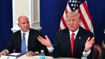 The then US President Donald Trump, with national security advisor H. R. McMaster, speaks during a security briefing on August 10, 2017, at his Bedminster National Golf Club in New Jersey. (AFP Photo)