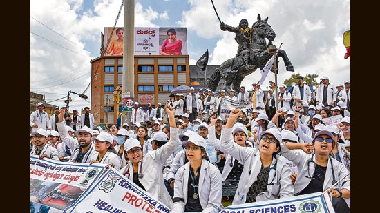 What will it take?: Protests continue across the country (above, one in Hubballi, Karnataka), after the torture, rape and murder of a trainee doctor in Kolkata. (PTI)
