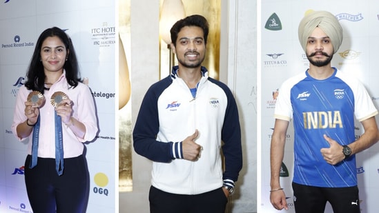 Olympic medal winners Manu Bhaker, Swapnil Kusale and Sarabjot Singh were felicitated by the National Rifle Association of India