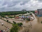 A flooded area after heavy rainfall in Vadodara on Tuesday. (PTI) A flooded area after heavy rainfall in Vadodara on Tuesday. (PTI)